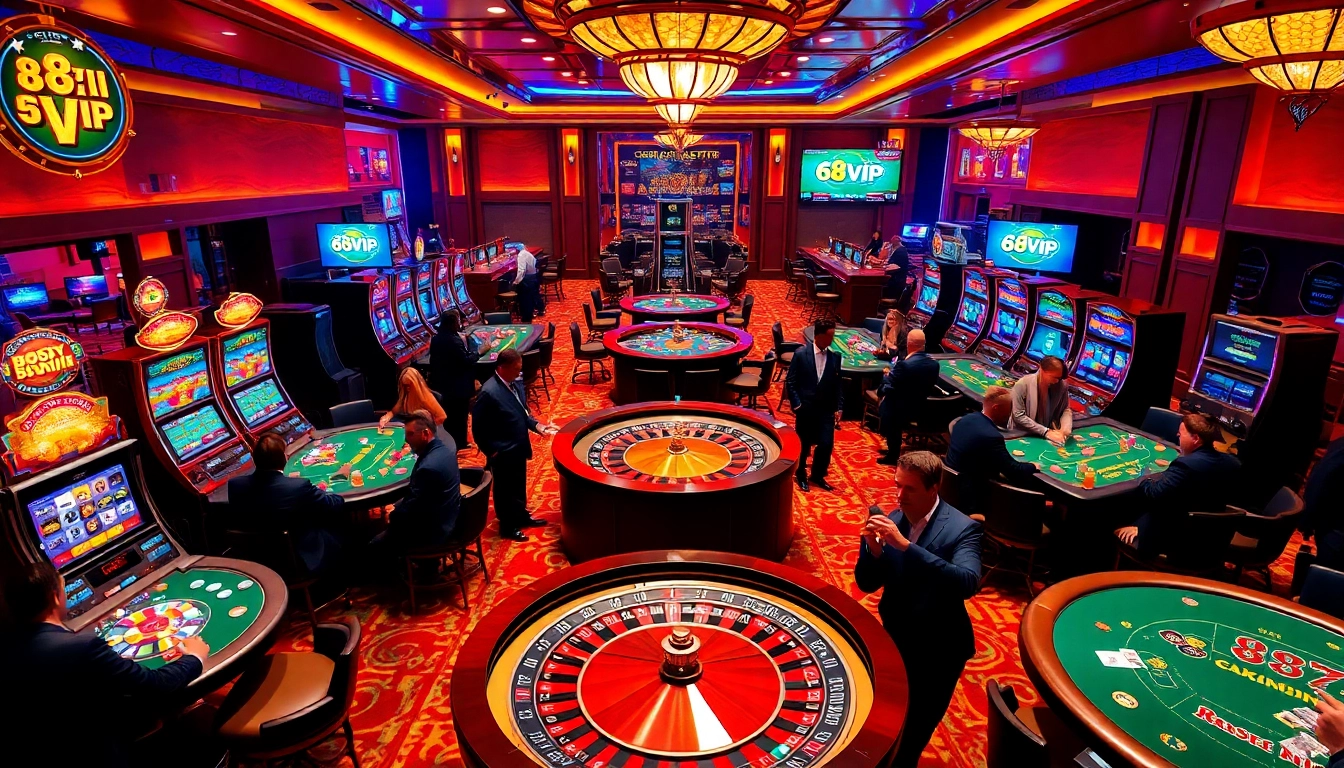 Experience the thrill at 68VIP with exciting slot machines and poker tables packed with players.