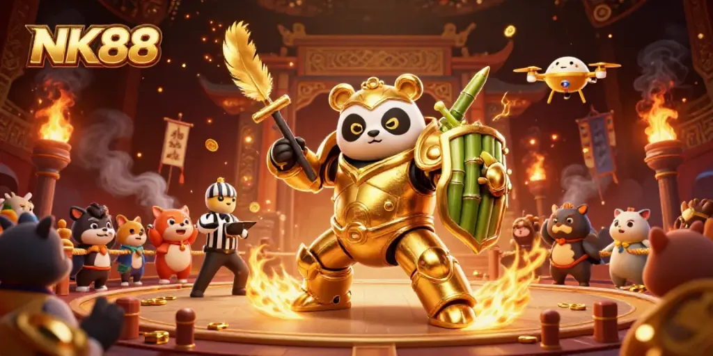 Join the action at NK88, where a golden panda battles in a lively casino arena!
