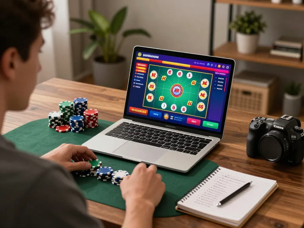Engaging in xocdiaonline gameplay from a stylish home office, reflecting strategic play.