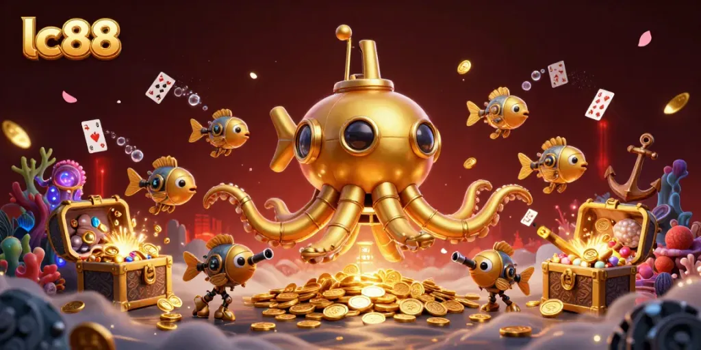 Win big with lc88 at this vibrant underwater casino adventure illustration featuring gold coins and treasure.