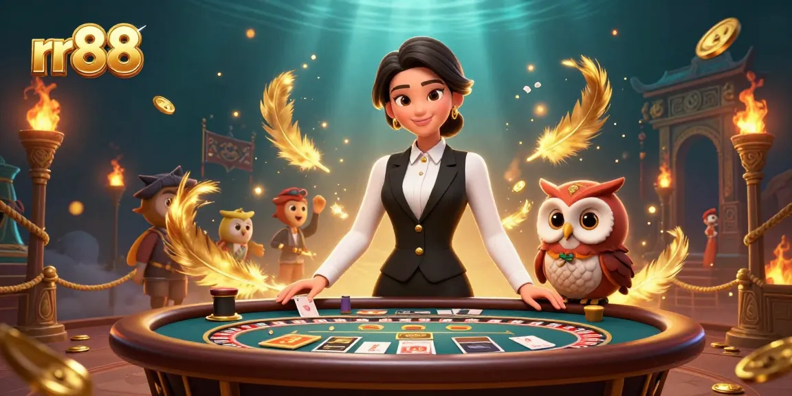 Join thrilling games at rr88 with a skilled dealer and a charming owl assistant in an exciting casino atmosphere.