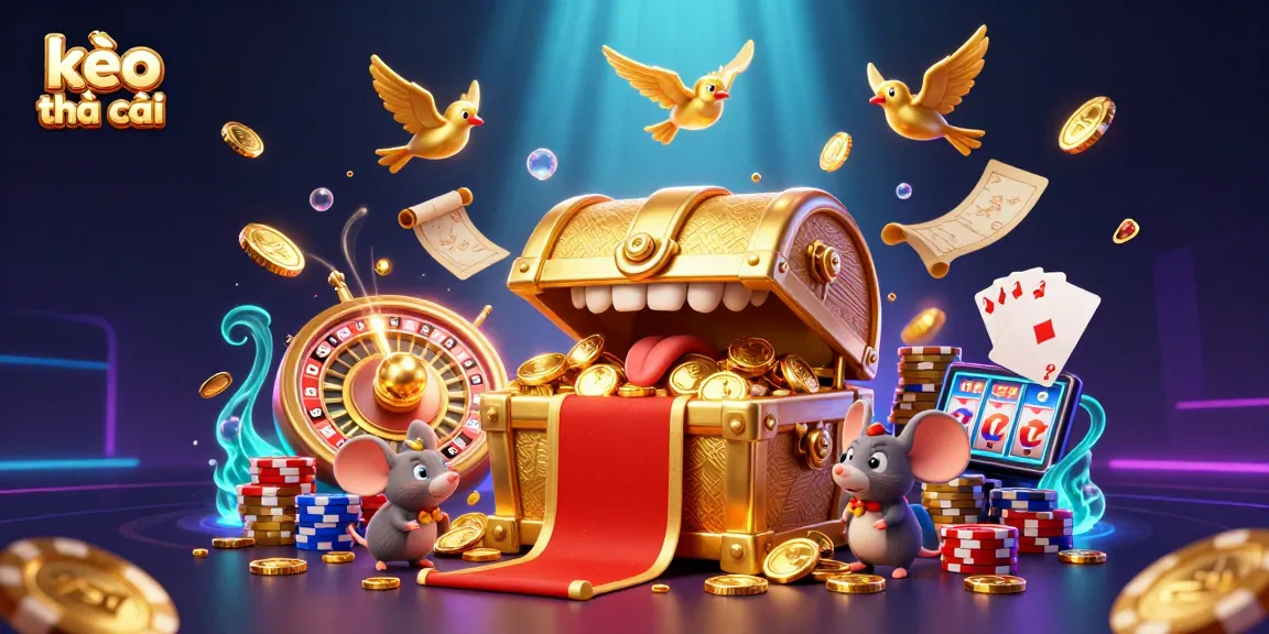 Engage with kèo nhà cái at this vivid casino scene featuring a treasure chest, colorful game elements, and animated characters.