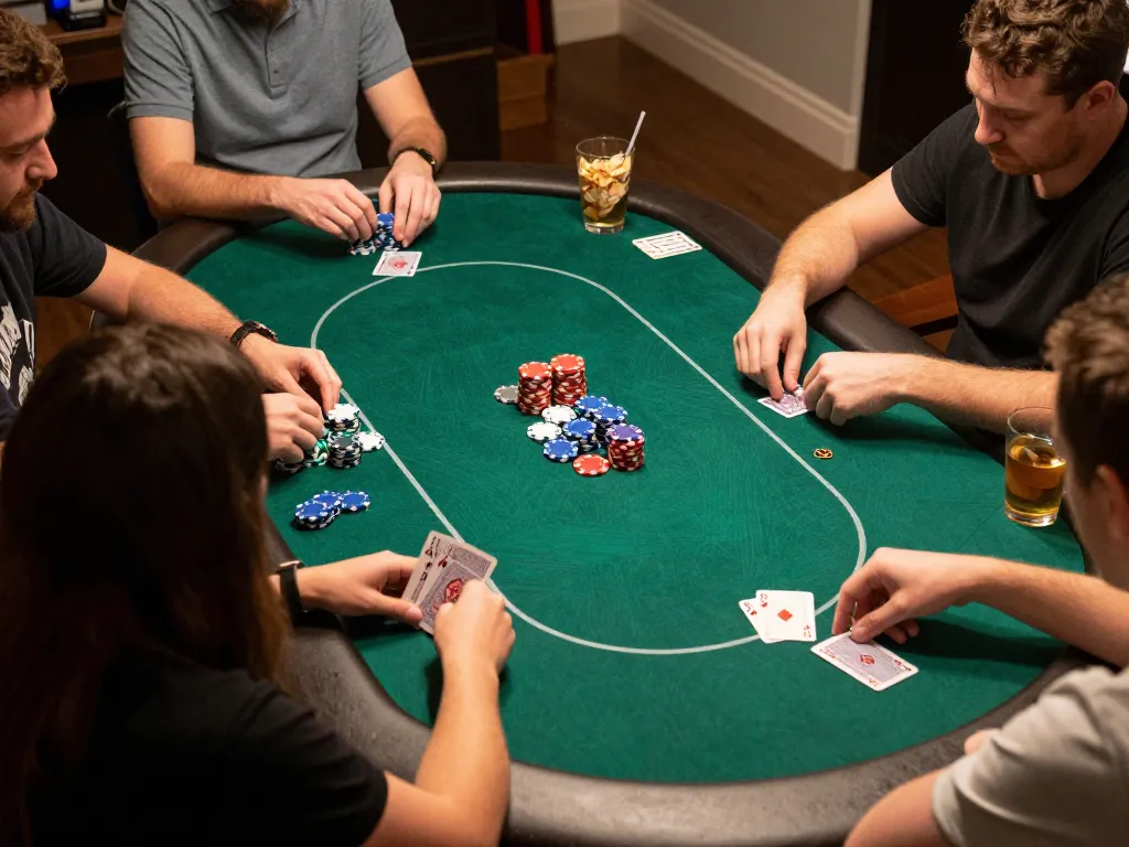 KJC players enjoying a thrilling home poker night with cards and chips in action