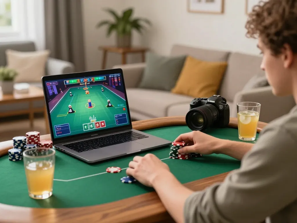 Engaging gameplay experience at O8 COM online casino with poker chips and laptop setup.