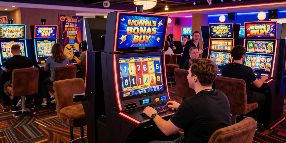 Players engaged in bonus buy slots UK, celebrating wins in a vibrant casino setting, colorful slot games visible.