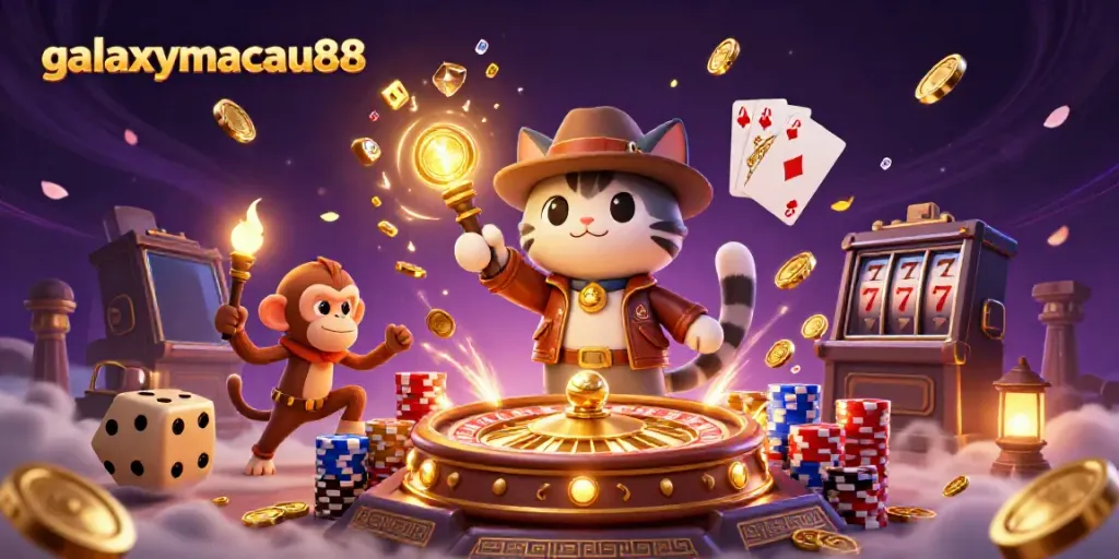 Cascade golden coins and vibrant casino elements in the scene featuring galaxymacau88, showcasing an adventurous cat and monkey exploring a treasure.
