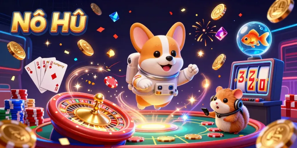 Nổ Hũ celebrates the thrill of gaming with a vibrant casino scene featuring a floating corgi and dazzling elements.