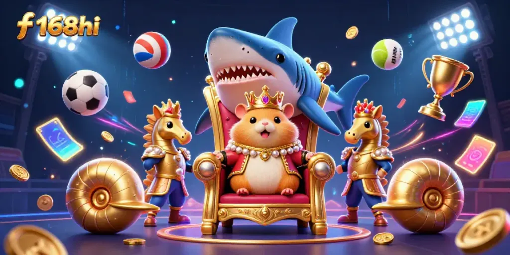 Engage in thrilling gameplay at f168hi with a cartoon hamster king and dynamic casino elements.