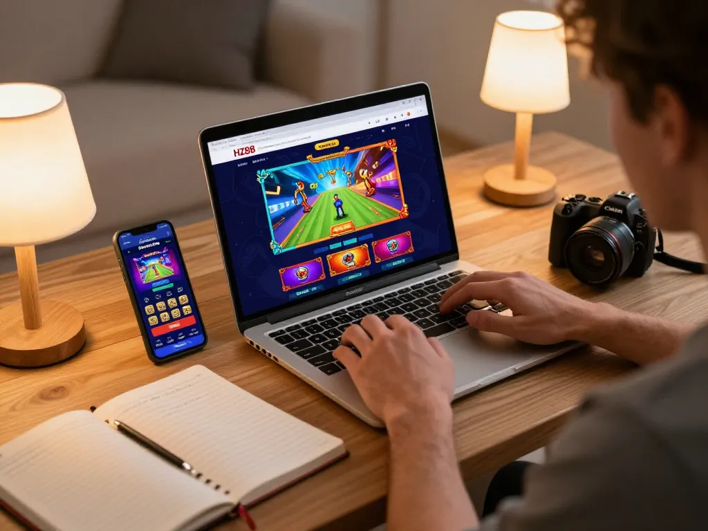 Player enjoying HZ88 online gaming on laptop, laptop showing casino game interface.