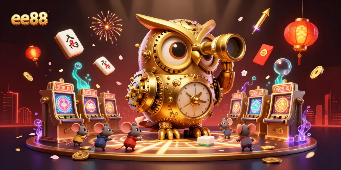 Experience thrilling slots with ee88 as an owl oversees a vibrant casino scene.