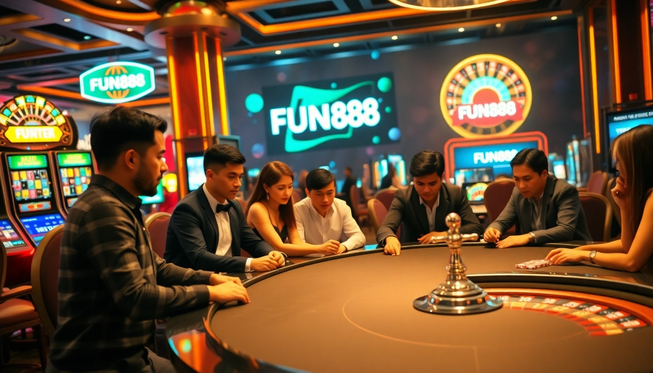 Engage with the thrilling FUN88 link at a vibrant casino table surrounded by excited players.
