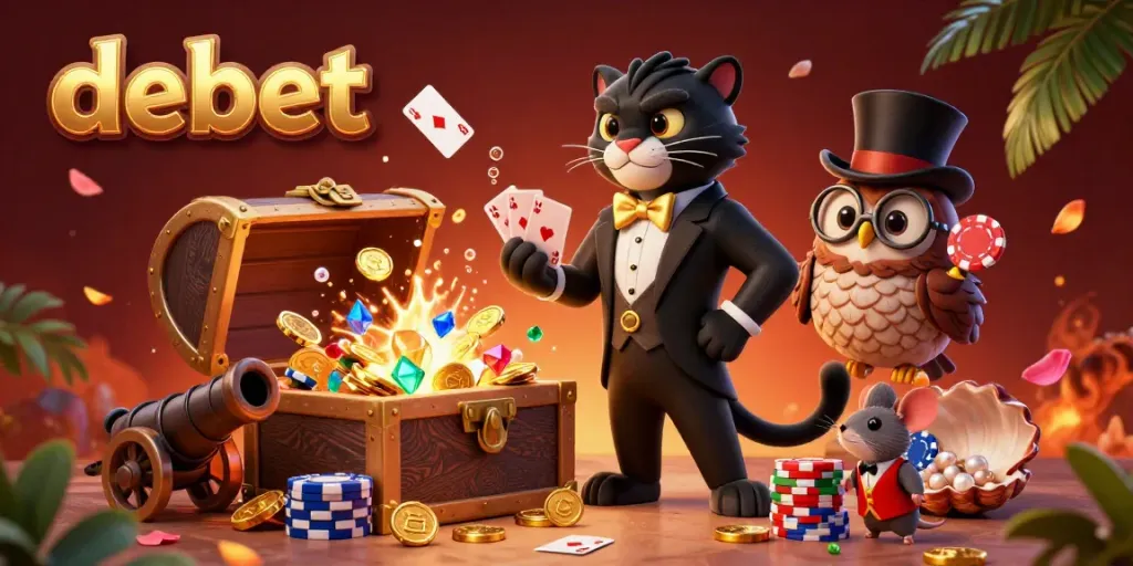 Experience winning with debet in a vibrant casino scene featuring stylish characters and gambling elements.
