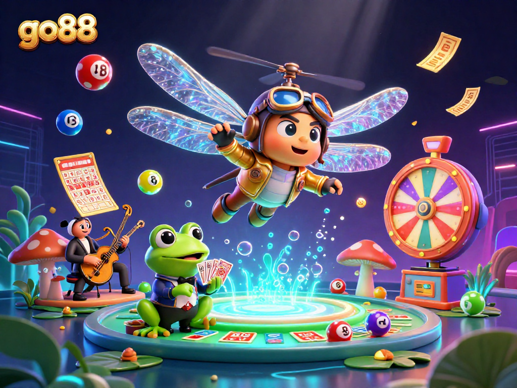 Engage in exciting moments with go88 as a dragonfly pilot hovers above lively gambling activities in a vibrant casino scene.