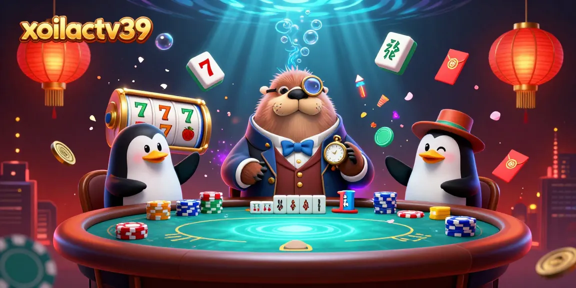 Play poker with the jolly walrus at xoilactv39, surrounded by vibrant casino elements!