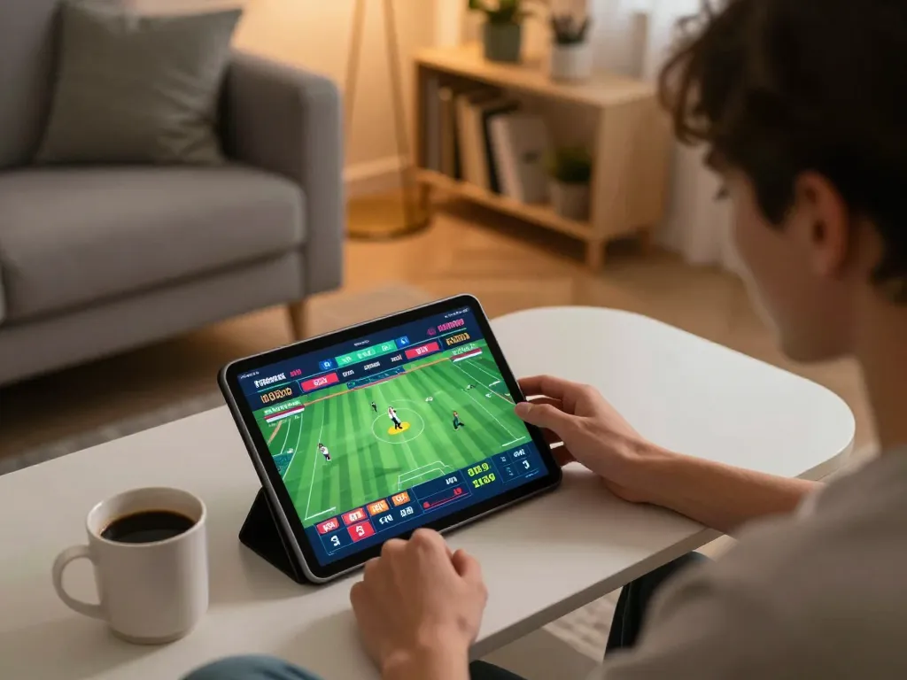 Engaged player analyzing odds for sports betting on tablet, link lode88 featured on screen