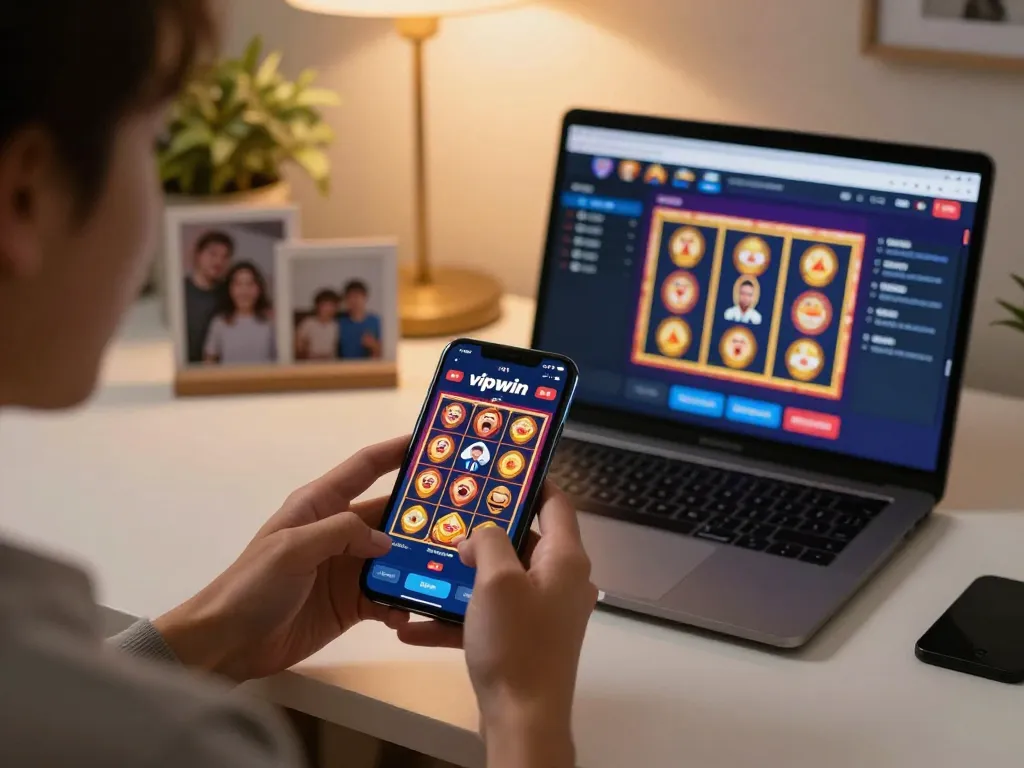 Player enjoying the vipwin app on smartphone, showcasing thrilling online gambling.