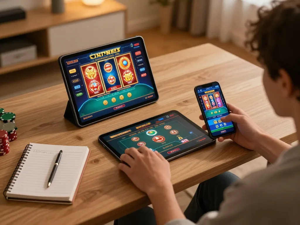 Engaged player on trang chủ lc88 utilizing tablet and smartphone for online gaming.