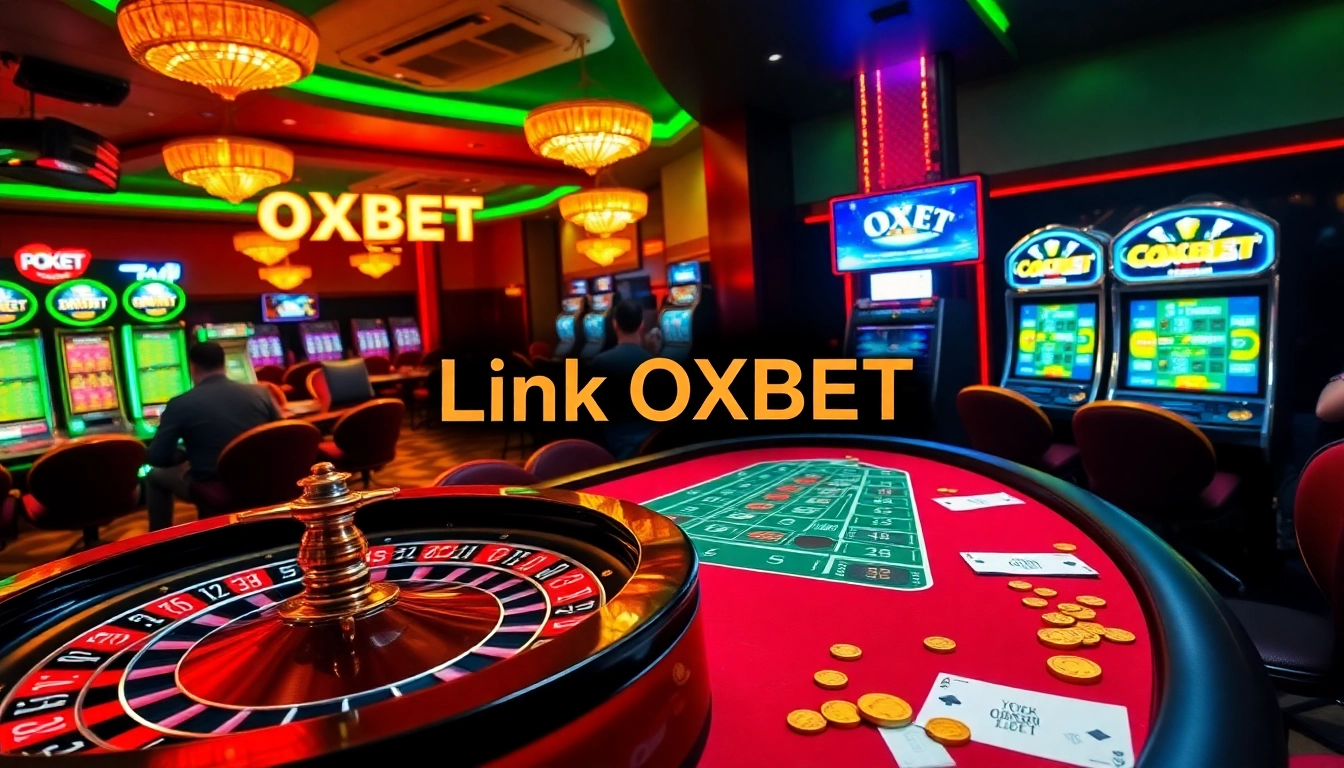 Experience the excitement of Link OXBET with players engaging at a vibrant casino, featuring roulette and slot machines.