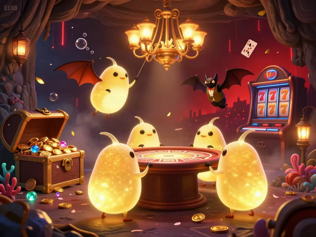 EE88 casino scene with glowworms and vibrant game elements illuminating the cave setting.