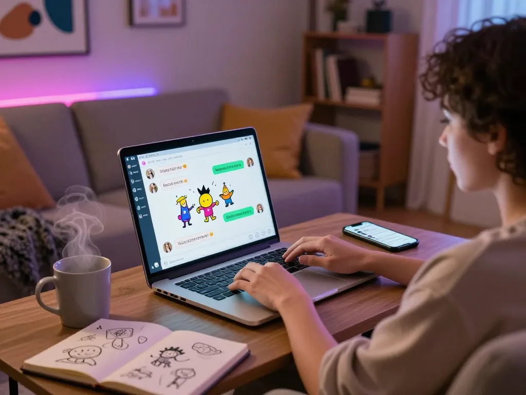 Engaging in ai nsfw chat on a laptop in a cozy setting with ambient lighting.