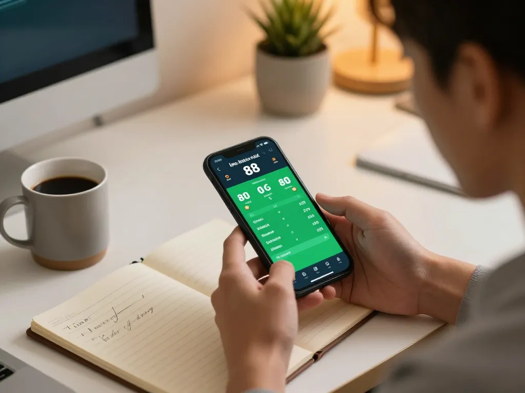 Engaging with kèo nhà cái 88 odds through a smartphone while strategizing in a cozy home office.