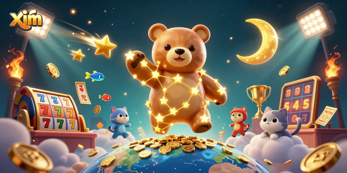 Bet on the rich gold coins with xim's constellation bear scooping up wins in this vibrant casino illustration.
