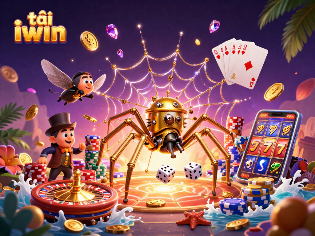 Engage in tải iwin with vibrant casino elements including golden coins and a spinning roulette wheel.