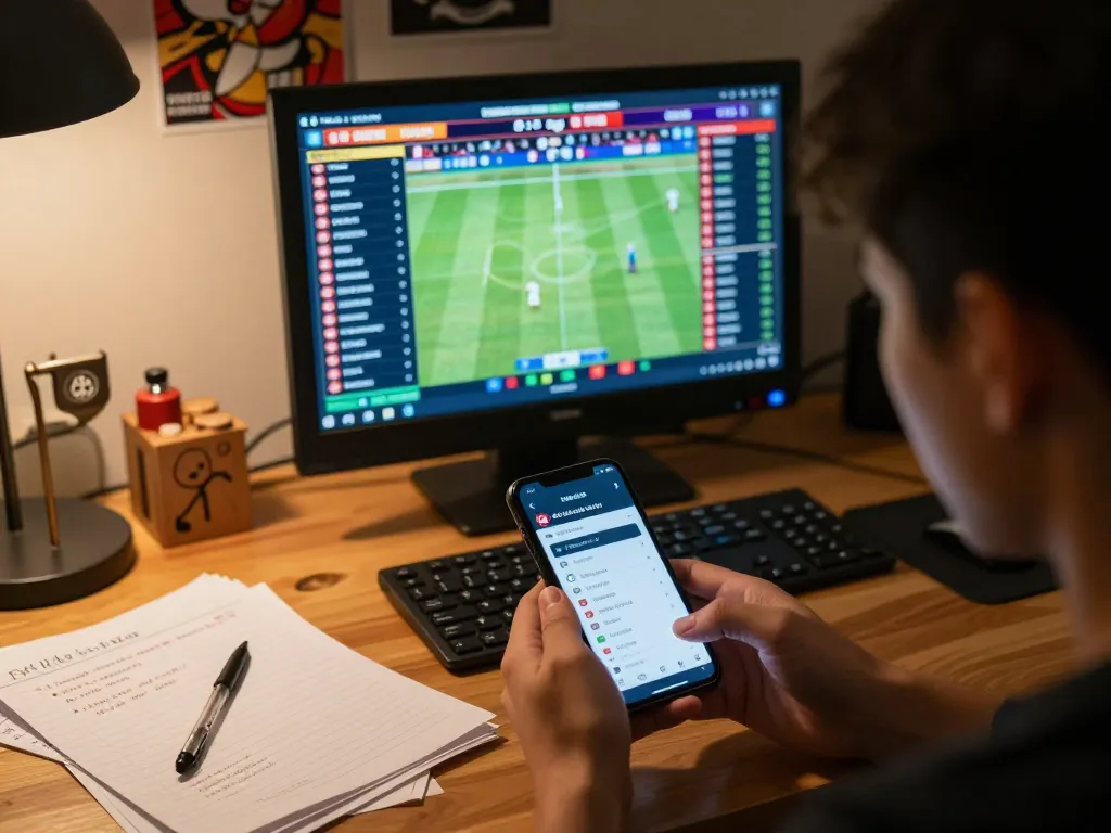 Engaged player analyzing soi kèo nhà cái on smartphone while actively betting on sports