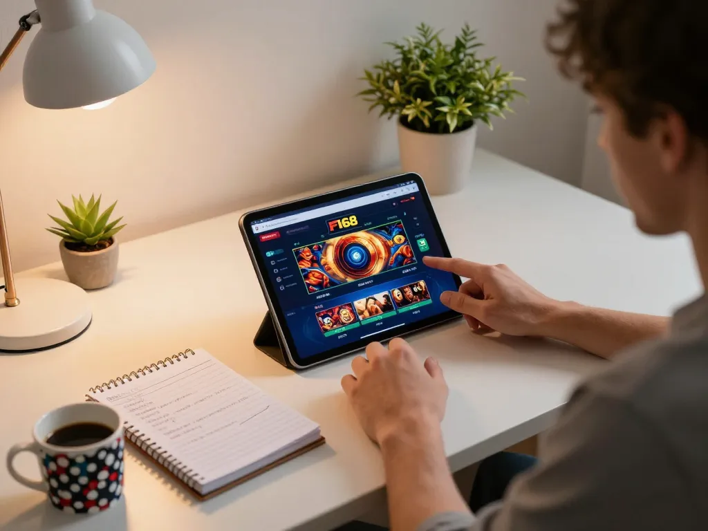 Player engaging with F168 online gambling interface on a tablet, highlighting a modern gaming atmosphere.