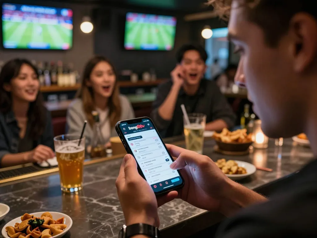 Sports bettor engaging with bong88v app in lively bar during exciting match