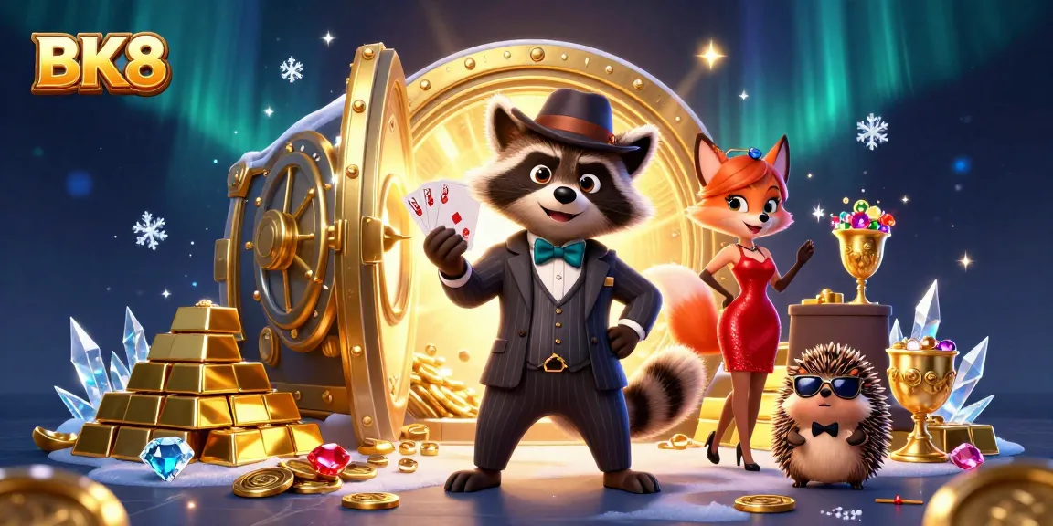 Experience the excitement of BK8 with a suave raccoon and friends in this vibrant casino scene.