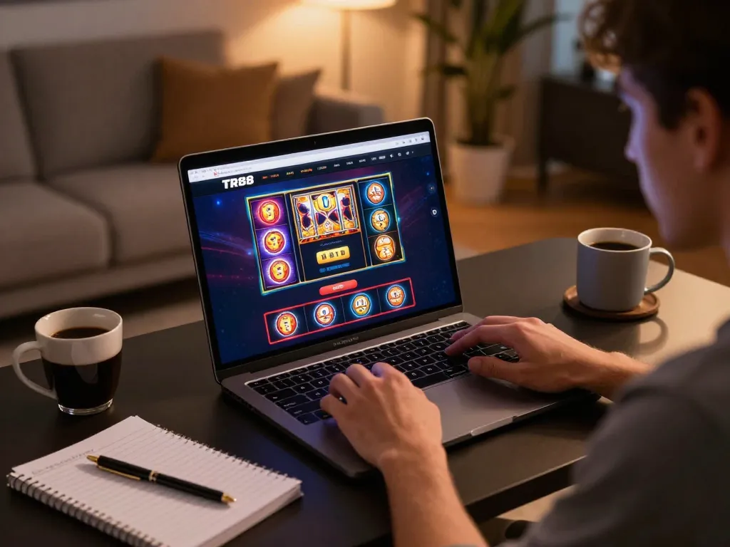 Player using TR88 online casino platform on laptop in cozy home setting, engaging with colorful games