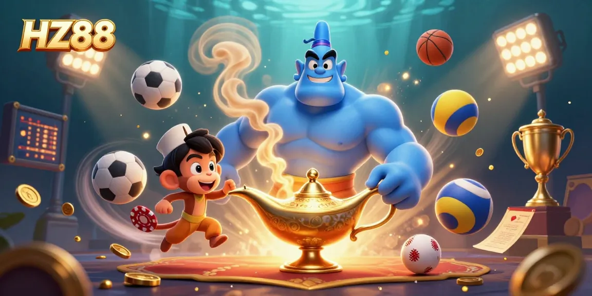 Experience thrilling gaming at HZ88 with a vibrant scene showcasing a blue genie and sports elements.