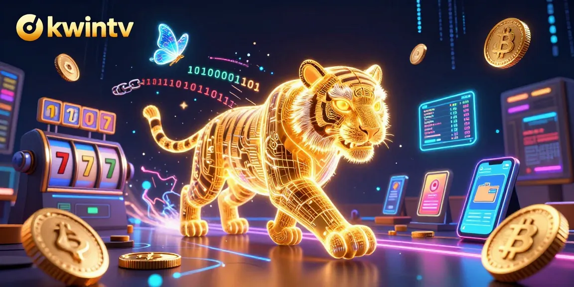 Play exciting slot games with okwintv's vibrant 3D illustration, showcasing neon elements and digital casino gameplay.