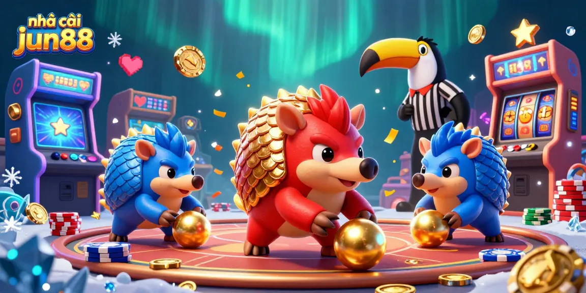 Play and win at nhà cái jun88 with dynamic 3D gambling characters in an exciting casino-inspired illustration.