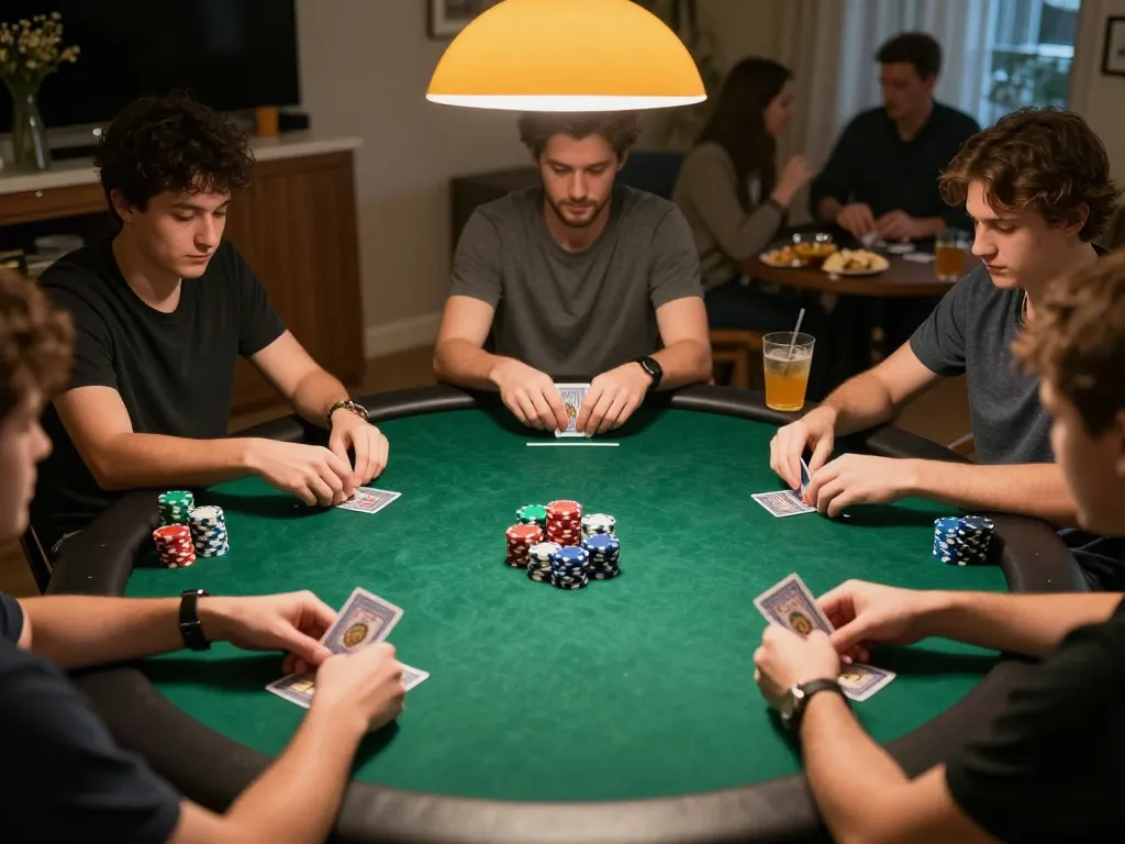 33win players strategizing their next move in an exciting home poker game atmosphere.