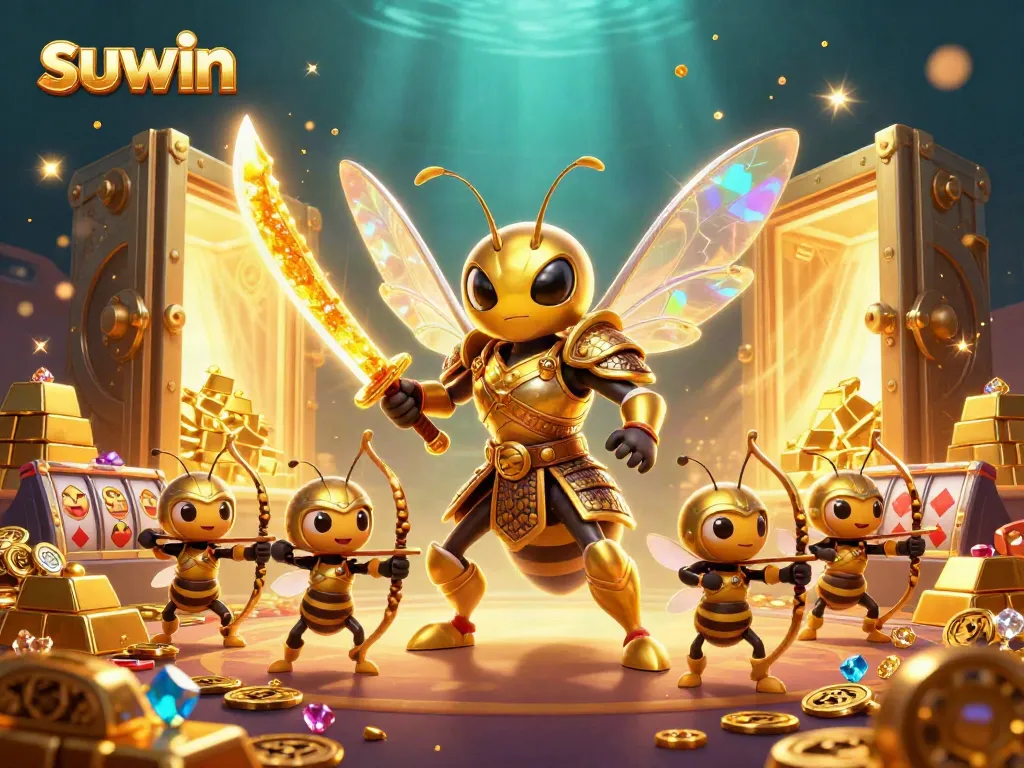Suwin's dynamic casino scene showcases a golden hornet in battle, surrounded by treasure and gambling elements.