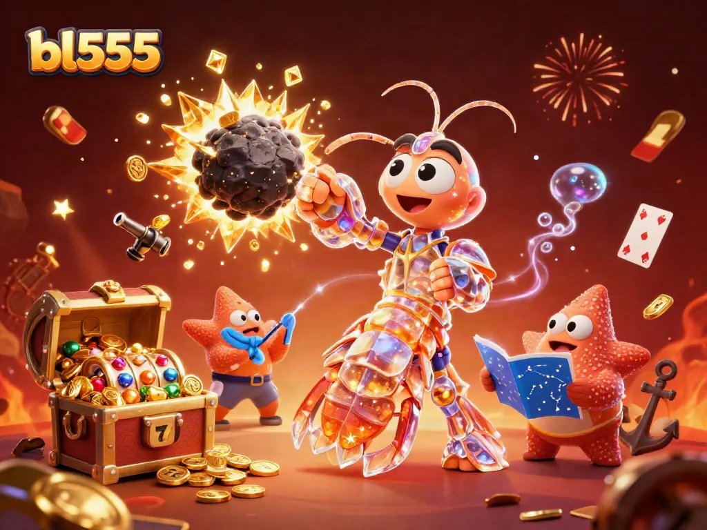 Experience thrilling gaming with bl555's galactic samurai shrimp amid exploding gems and casino elements.