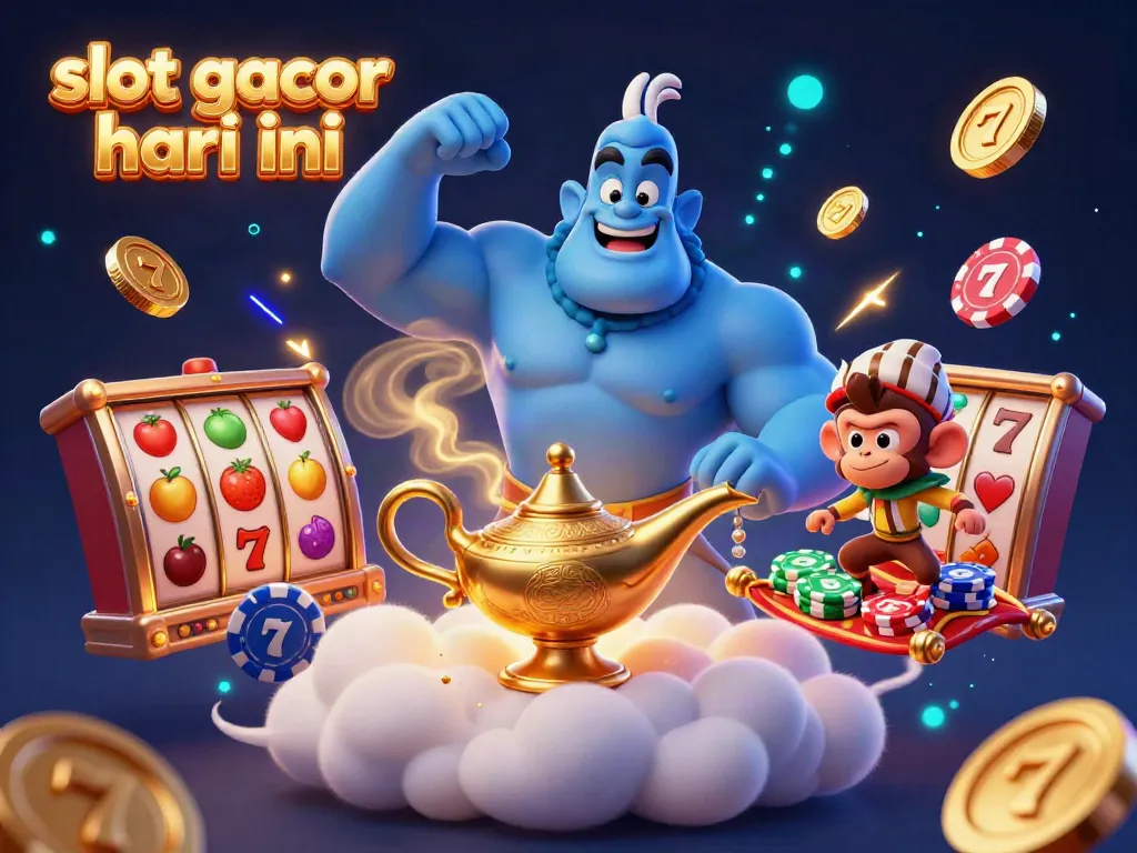 Engage in the thrilling world of slot gacor hari ini with this vibrant 3D illustration featuring lucky symbols and a dynamic genie.
