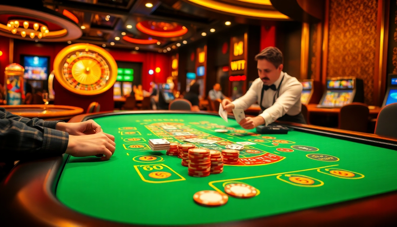 Engaging players at the Blackjack 68 game bài table with colorful chips and cards in a luxurious casino.