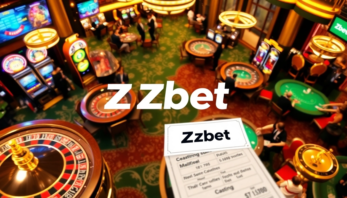 Zbet gaming scene with players enjoying roulette, slots, and poker in a luxurious casino atmosphere.