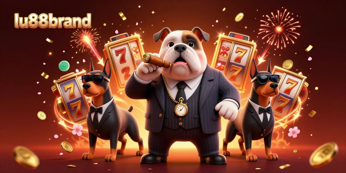 Experience wins with lu88brand in a vibrant 3D casino scene featuring a mafia bulldog and Doberman bodyguards.