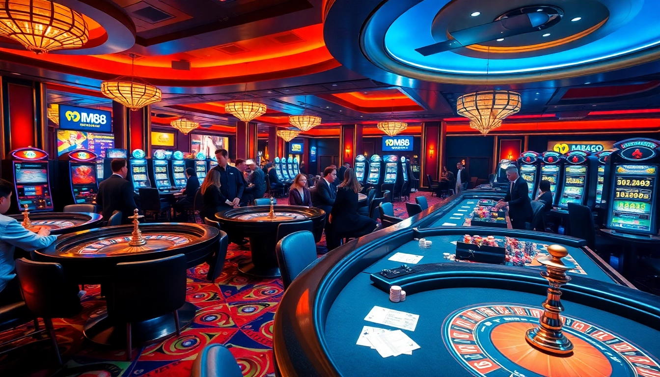Gamblers enjoying a thrilling experience at MM88 it, surrounded by vibrant casino games and excitement.