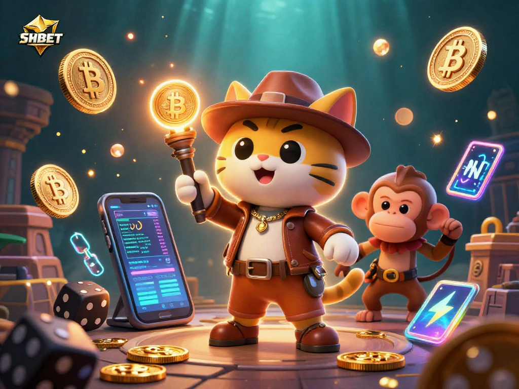 Engage with SHBET's exciting casino adventure amidst glowing crypto elements.