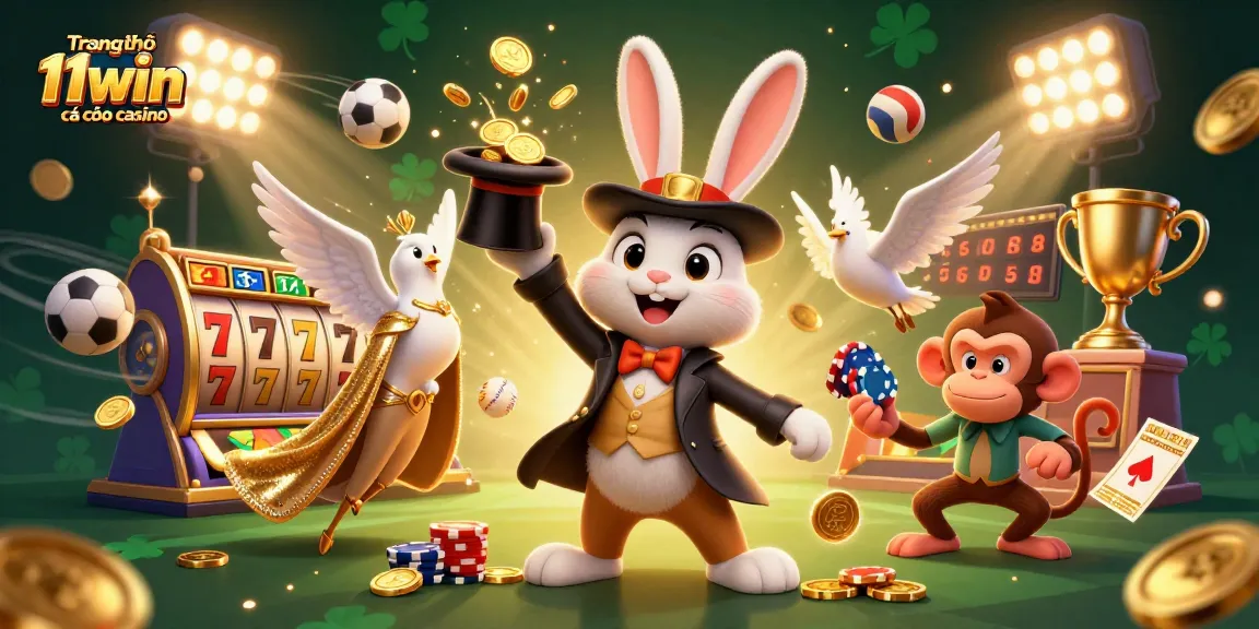 Engage with the dynamic scene of Trang chủ 11win cá cược casino featuring a magician rabbit, dove, and monkey amidst golden coins and sports balls.