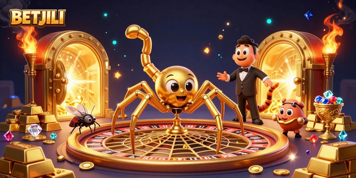 Experience BETJILI in this vibrant 3D casino scene with a golden spider, roulette web, and treasure.