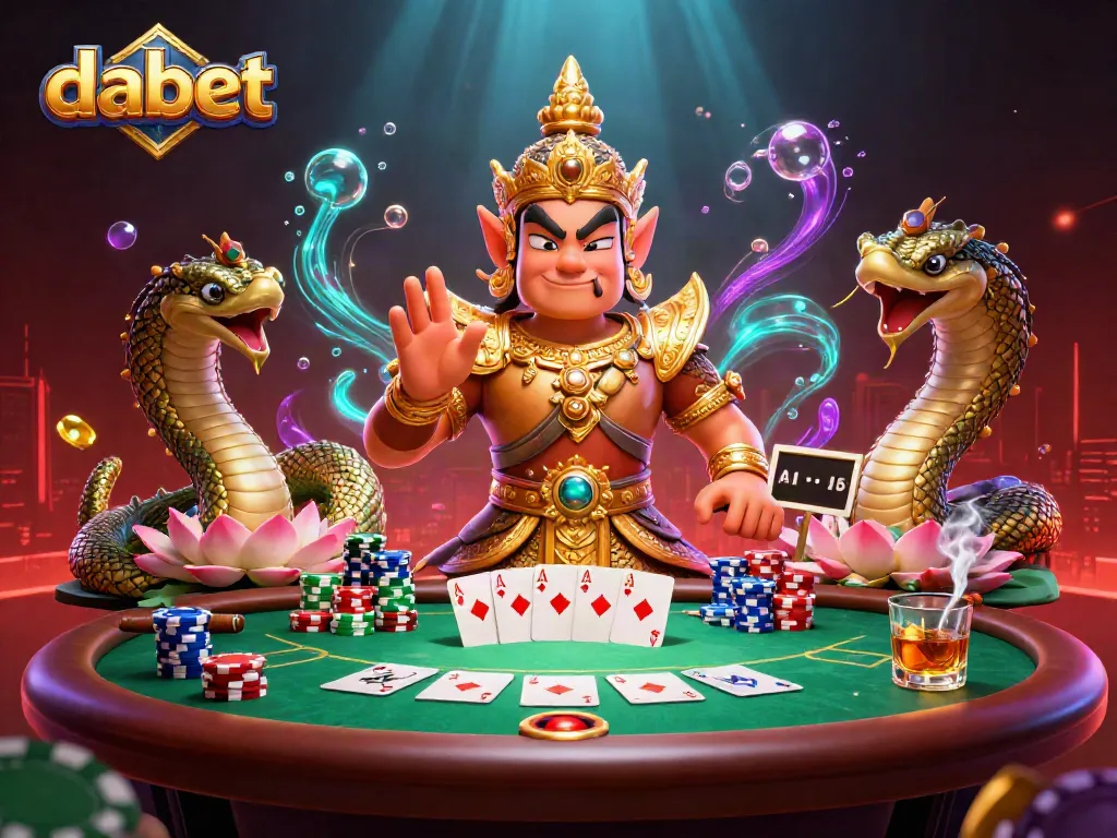 Dabet showcases vibrant casino action with a Thai guardian, poker elements, and colorful chips.