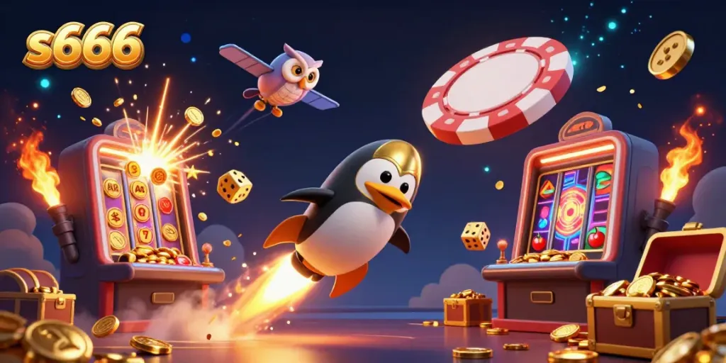 Experience the excitement of s666 with a golden penguin soaring through a casino-themed galaxy.