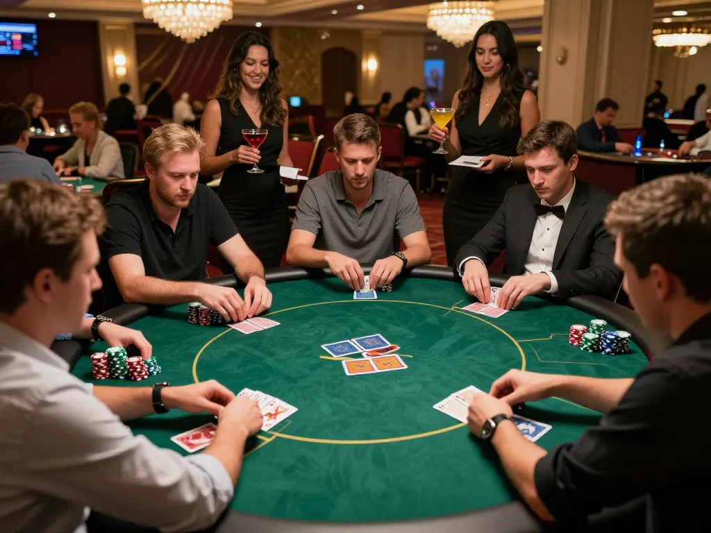 Players strategizing at a high-stakes poker table at LU88XZ casino, showcasing an upscale gambling experience.