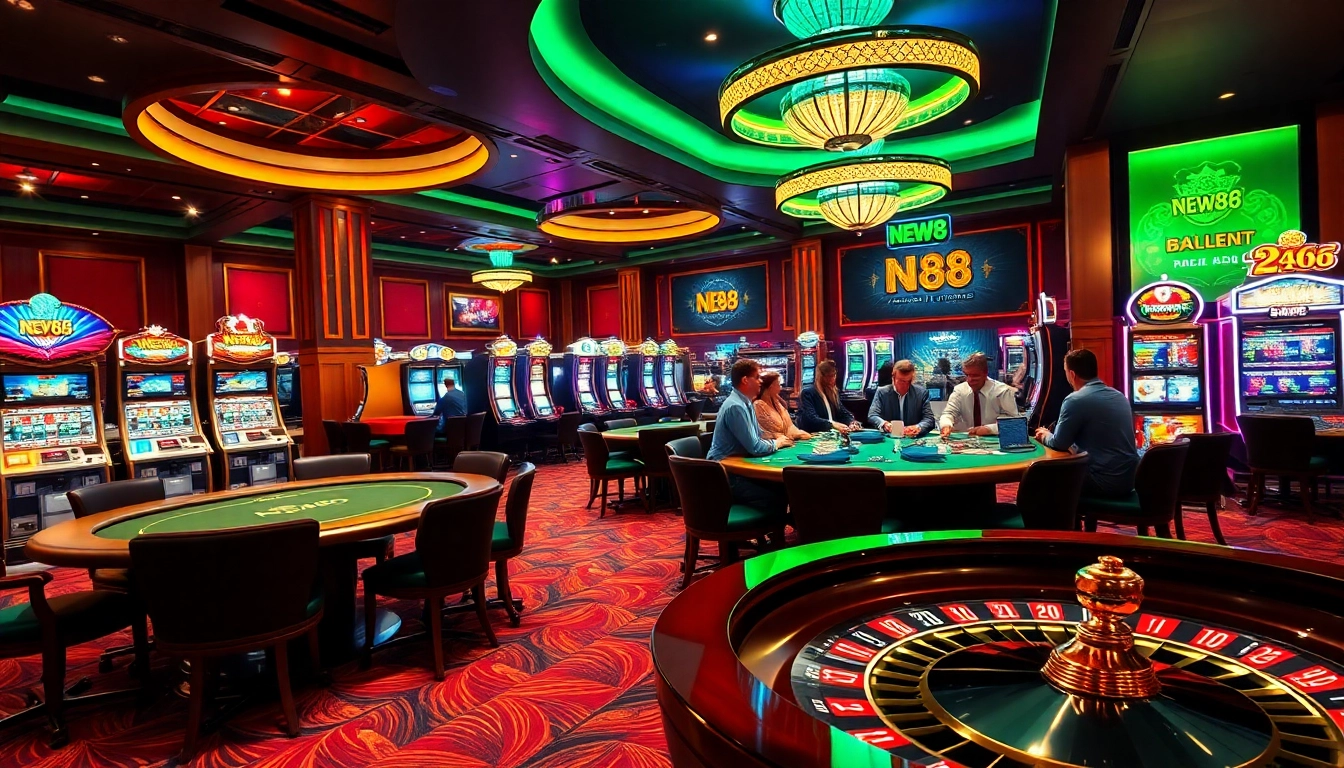 New88 players enjoying an exciting casino experience at luxury tables with vibrant slot machines.
